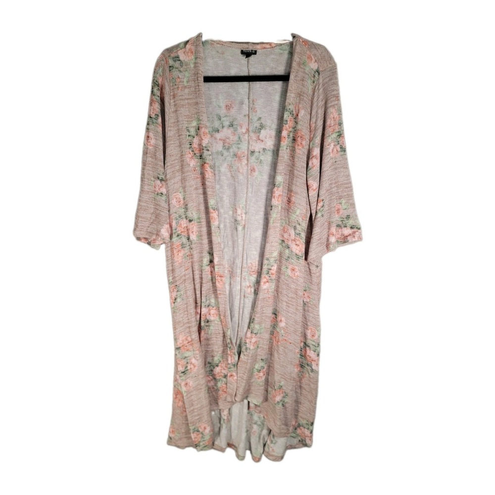 Torrid Duster Cardigan Womens Plus 2 2X Pink Floral 3/4 Sleeve Cottagecore Boho